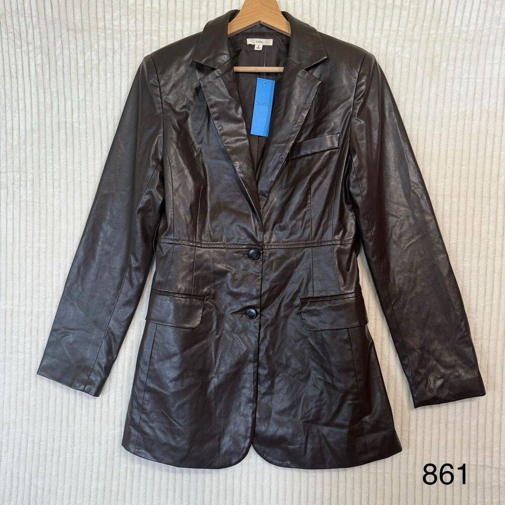 NWT Into Bliss Brown Button Up Leather Jacket Blazer Size S
